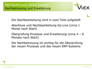ERP-Einführung GIFAS-Electric  Nachbetreuung und Erweiterung Die Nachbearbeitung wird in zwei Teile aufgeteilt Abschluss und Nachbearbeitung Go-Live (circa 1 Monat nach Start) Überprüfung Prozesse und Erweiterung (circa 4 – 6 Monate nach Start) Die Nachbetreuung ist wichtig für die Überprüfung der neuen Prozesse und des neuen ERP-Systems  02.10.10 www.vlexplus.com 