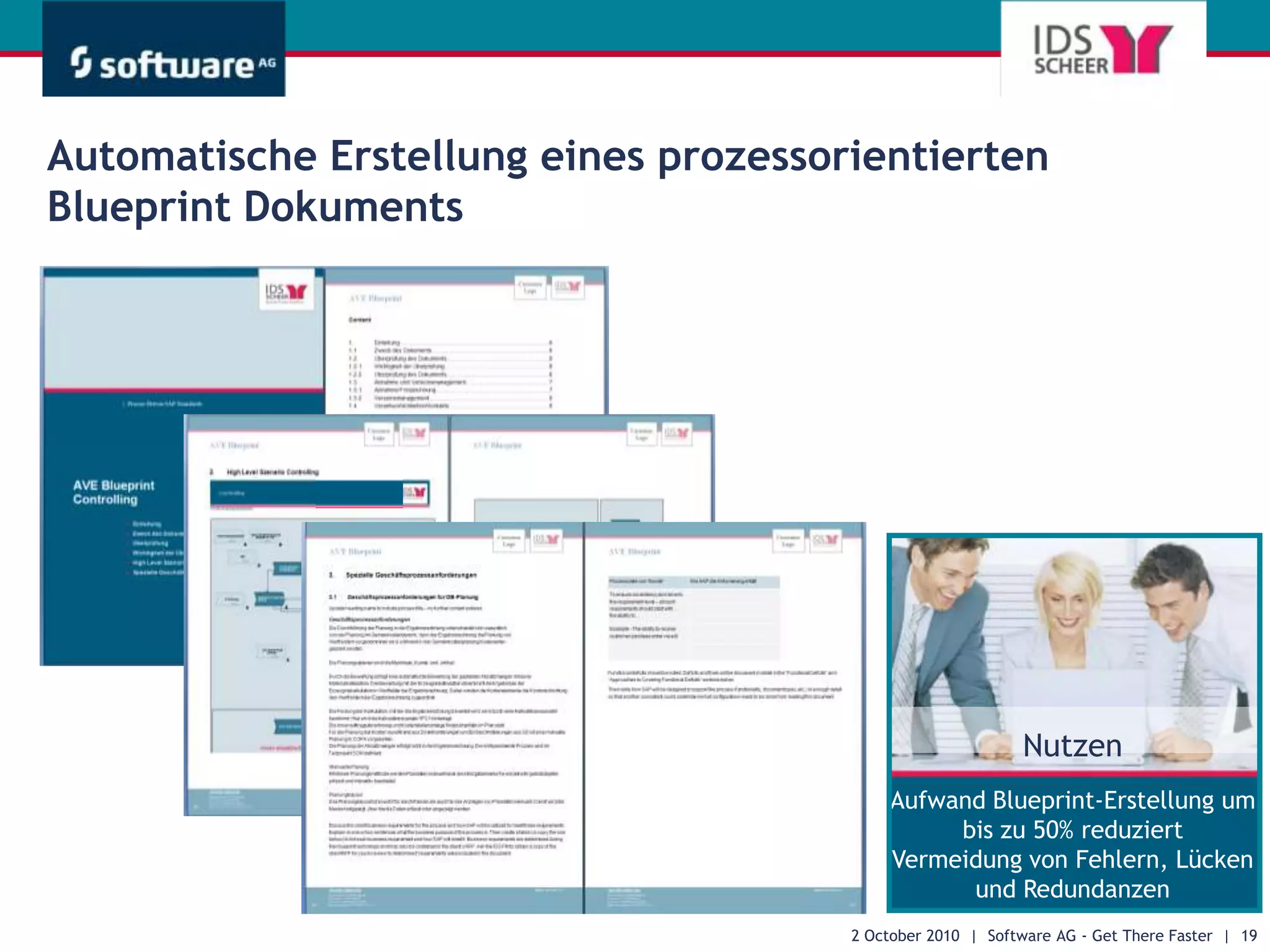Phase I - Strategie28 September 2010  |  Software AG - Get There Faster  |  12ControllingImplementierungDesignStrategieMonitor and analyzeprocess performanceSetupsysteminfrastructureMap detailedas-is businessprocessesUnderstandbusinessenvironmentControllingControllingImplementierungDesignStrategieReferenzmodellAnforderungsdefinitionMonitorsystemperformanceExecuteprocessconfigurationDevelop to-beconcept & proc.(system neutral)Analyze KSF toderive strategicobjectivesMonitor andanalyzeorganizationalperformanceExecuteprocessintegrationSelectSAP componentsRecordenterprise mapMonitorcompliance withrelevant governance modelsDesignto-be processes(SAP based)Performtest and validationDetermineend-to-endscenariosBuild initialprototype(feasibility)Performuser trainingNutzenVordefinierte Branchenmodelle reduzieren den Erstellungsaufwand um > 50%Schnelle und vertragssichere Festlegung des ProjektumfangesStandardisierte KennzahlenAutomatische Lastenhefterstellung aus ARIS (Vermeidung von Fehlern, Lücken und Redundanzen)Identifyand manageimprovementsCreateBusinessBlueprintDefineproject scopeand planExecutego-livemanagement