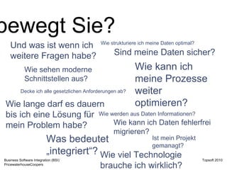 Was bewegt Sie? Und was ist wenn ich weitere Fragen habe? Sind meine Daten sicher? Wie lange darf es dauern bis ich eine Lösung für mein Problem habe? Decke ich alle gesetzlichen Anforderungen ab? Was bedeutet „integriert“? Ist mein Projekt gemanagt? Wie kann ich Daten fehlerfrei migrieren? Wie kann ich meine Prozesse weiter optimieren? Wie werden aus Daten Informationen? Wie sehen moderne Schnittstellen aus? Wie viel Technologie brauche ich wirklich? Wie strukturiere ich meine Daten optimal? 
