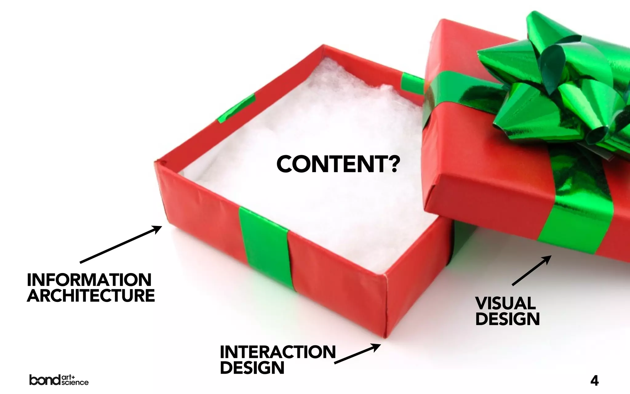 CONTENT?



INFORMATION
ARCHITECTURE                   VISUAL
                               DESIGN
               INTERACTION
               DESIGN
                                        4
 