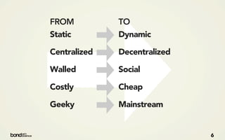 FROM          TO
Static        Dynamic

Centralized   Decentralized

Walled        Social

Costly        Cheap

Geeky         Mainstream


                              6
 