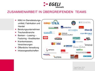 KMU im Dienstleistungs-umfeld, Fabrikation und      HandelBeratungsunternehmenTreuhandbrancheBanken – Leasing – 	Factoring - KreditkartenKrankenkassen, 	VersicherungenÖffentliche VerwaltungInkassogesellschaften
