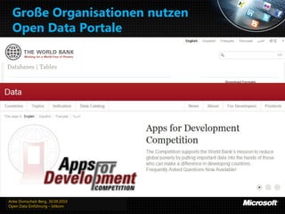 Große Organisationen nutzen
  Open Data Portale

       SCREENSHOT
              WELTBANK
              UN




Anke Domscheit-Berg, 30.09.2010
Open Data Einführung – bitkom
 