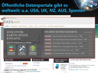 Öffentliche Datenportale gibt es
weltweit: u.a. USA, UK, NZ, AUS, Spanien




Anke Domscheit-Berg, 30.09.2010
 Quellen: www.data.gov, abgerufen am 25.06.2009
Open Data Einführung – bitkom
 