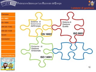 I sistemi di gestione

Premessa

EN 16001

EN 15900              Sistema di                Sistema di
                      Gestione                  Gestione
UNI CEI 11352         dell’Energia              Qualità

UNI CEI 11339

Secem                                EN 16001                ISO 9001

Conclusioni



                      Sistema di
                      Gestione
                      Ambientale

www.fire-italia.org
                                 ISO 14001



                                                                        10
 