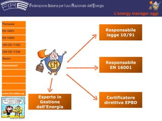 L’energy manager oggi

Premessa

EN 16001                             Responsabile
                                     legge 10/91
EN 15900

UNI CEI 11352

UNI CEI 11339

Secem
                                     Responsabile
Conclusioni
                                      EN 16001




www.fire-italia.org

                       Esperto in     Certificatore
                        Gestione     direttiva EPBD
                      dell’Energia
 