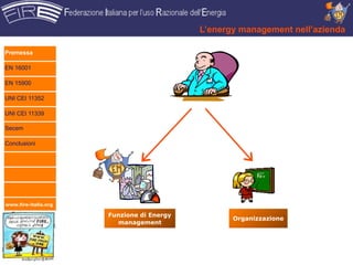 L’energy management nell’azienda

Premessa

EN 16001

EN 15900

UNI CEI 11352

UNI CEI 11339

Secem

Conclusioni




www.fire-italia.org

                      Funzione di Energy
                                                  Organizzazione
                        management
 