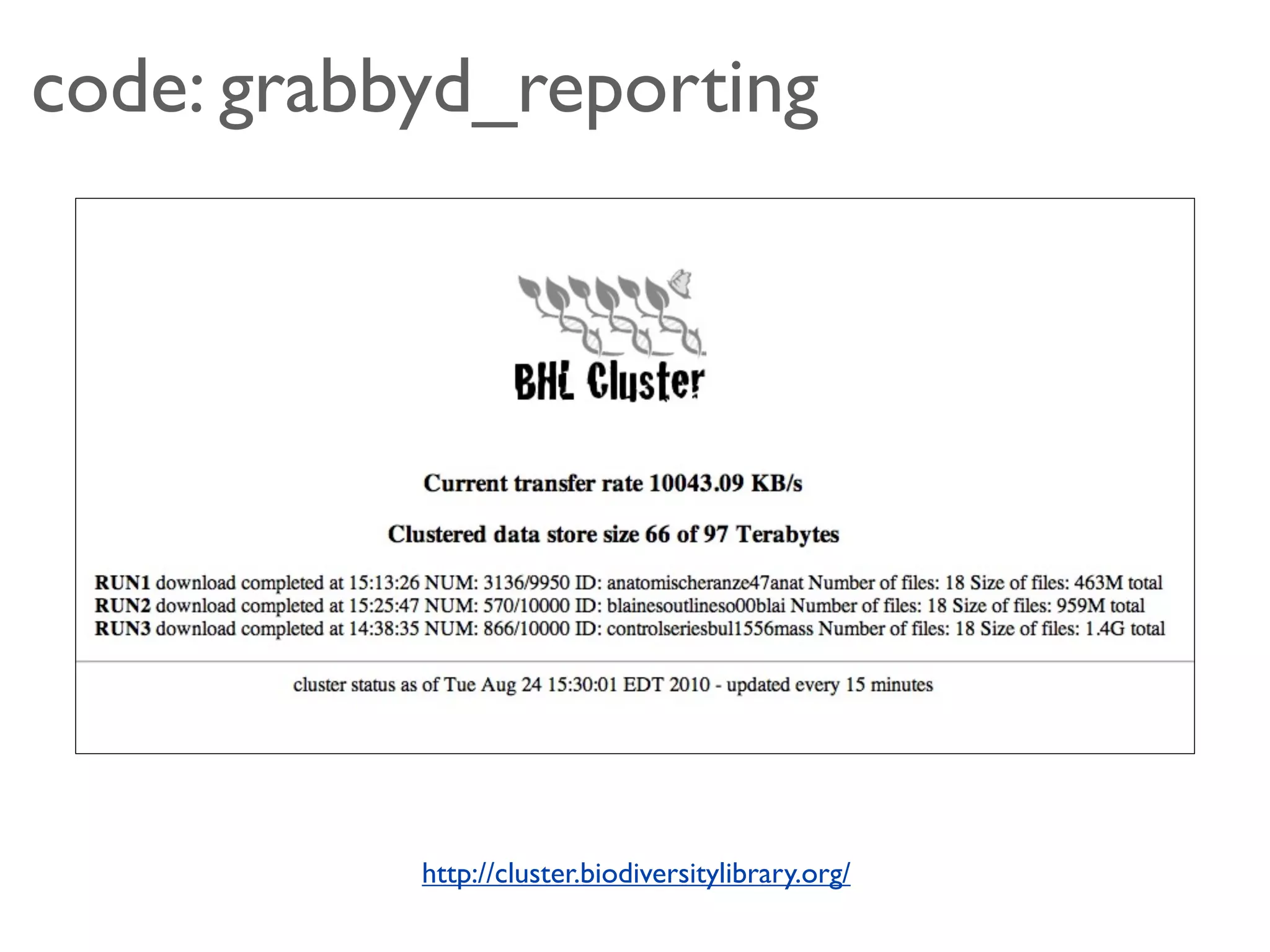 code: grabbyd_reporting




           http://cluster.biodiversitylibrary.org/
 