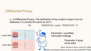 (ε, 𝛿)-Differential Privacy: The distribution of the curator’s output M(D) on
database D is (nearly) the same as M(D′).
Differential Privacy
45
Curator
Parameter ε quantifies
information leakage
∀S: Pr[M(D)∊S] ≤ exp(ε) ∙ Pr[M(D′)∊S]＋𝛿.Curator
Parameter 𝛿 gives
some slack
Dwork, Kenthapadi, McSherry, Mironov, Naor [EUROCRYPT 2006]
+ your data
- your data
Dwork, McSherry, Nissim, Smith [TCC 2006]
 