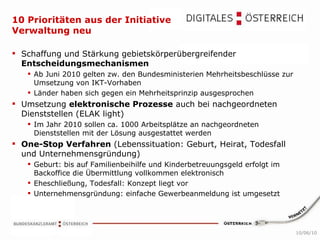 10 Prioritäten aus der Initiative Verwaltung neu Schaffung und Stärkung gebietskörperübergreifender  Entscheidungsmechanismen Ab Juni 2010 gelten zw. den Bundesministerien Mehrheitsbeschlüsse zur Umsetzung von IKT-Vorhaben Länder haben sich gegen ein Mehrheitsprinzip ausgesprochen Umsetzung  elektronische Prozesse  auch bei nachgeordneten Dienststellen (ELAK light) Im Jahr 2010 sollen ca. 1000 Arbeitsplätze an nachgeordneten Dienststellen mit der Lösung ausgestattet werden One-Stop Verfahren  (Lebenssituation: Geburt, Heirat, Todesfall und Unternehmensgründung) Geburt: bis auf Familienbeihilfe und Kinderbetreuungsgeld erfolgt im Backoffice die Übermittlung vollkommen elektronisch Eheschließung, Todesfall: Konzept liegt vor Unternehmensgründung: einfache Gewerbeanmeldung ist umgesetzt 