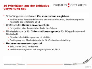 10 Prioritäten aus der Initiative Verwaltung neu Schaffung eines zentralen   Personenstandsregisters Aufbau eines Personenkerns und des Personenstands, Erarbeitung eines Konzepts bis 1 Halbjahr 2011 Umfassendes  Behördenverzeichnis Integration aller Ressorts bis Ende des Jahres Mindeststandards für  Informationsangebote  für BürgerInnen und Wirtschaft Standard-Redaktionsprozess ist etabliert Festlegung von Mindeststandards für Contentbereitstellung  Unternehmensserviceportal Seit Jänner 2010 in Betrieb Verfahrensintegration mit single sign on ab 2011 