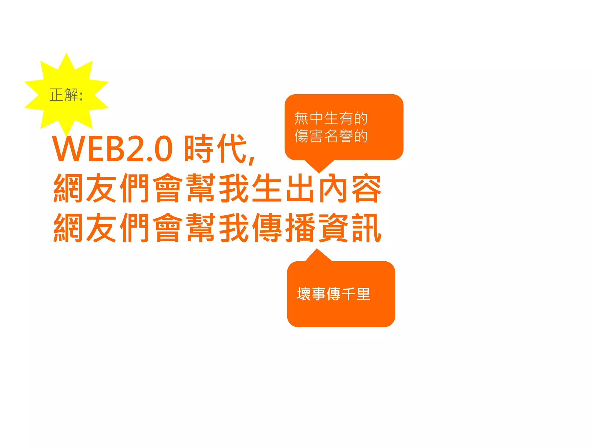 正解:
       無中生有的

WEB2.0 時代,
       傷害名譽的


網友們會幫我生出內容
網友們會幫我傳播資訊
       壞事傳千里
 