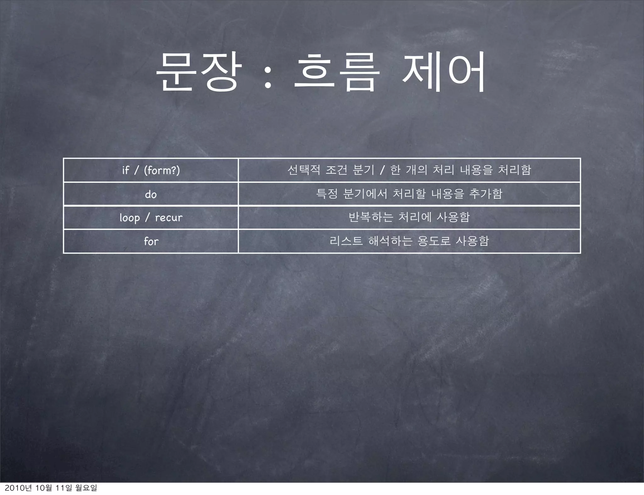 :
if / (form?)       /

    do

loop / recur

    for
 