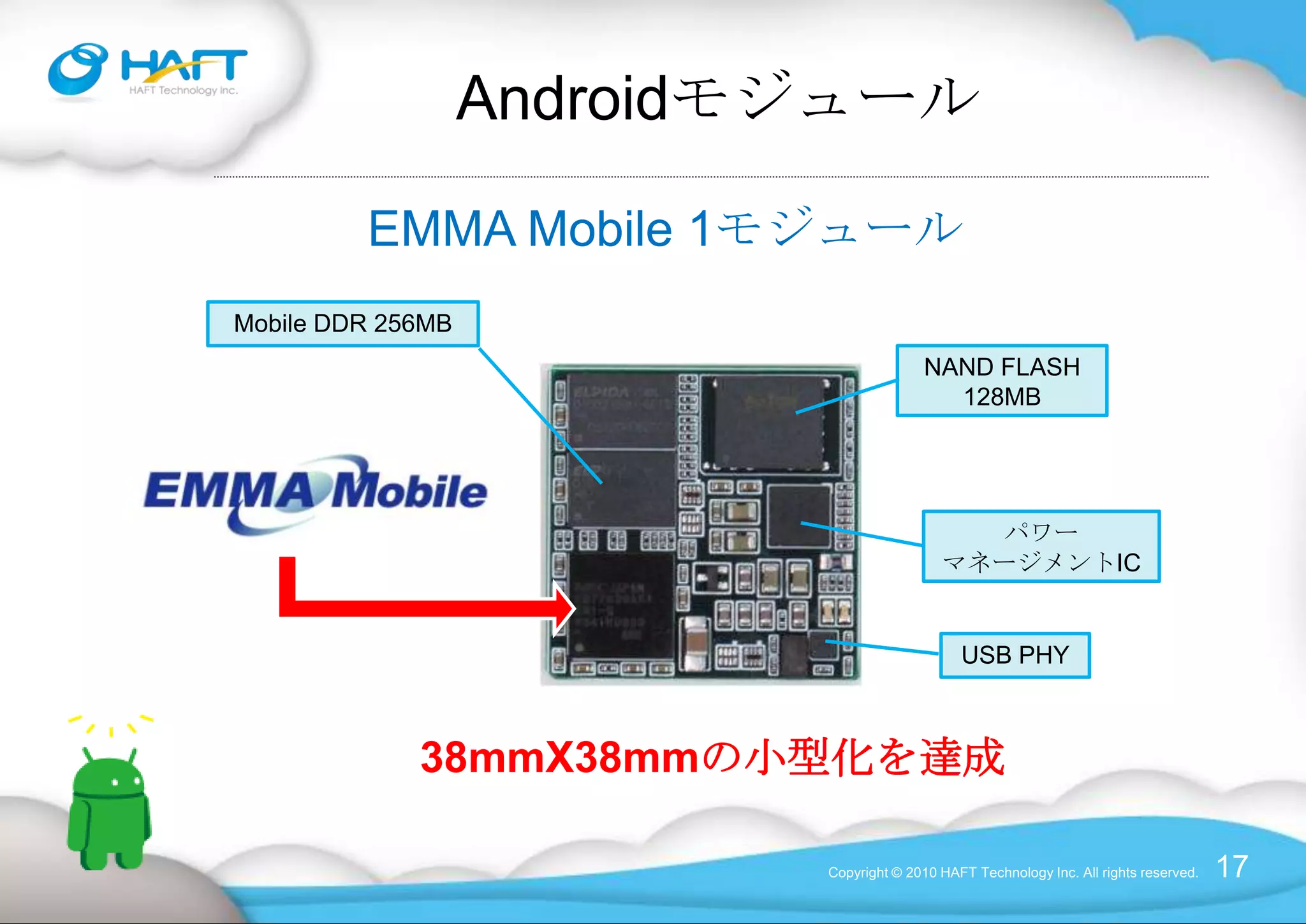 自己紹介Copyright © 2010 HAFT Technology Inc. All rights reserved.ハフトテクノロジー株式会社 代表取締役・平成元年設立HArd & soFT⇒ HAFT・設立当時・25MHz以上のRISCプロセッサを使用した組込みシステムの開発・UNIX を使用した組み込みシステム・手がけたプロジェクト・SUN WSのクローン機の開発・MIPS R3000/R4000 WSの開発・SkyPerfeｃTVの放送設備・KIOSK端末・デジタルサイネージ・etc・現在・Androidを使用した組み込みシステムの開発