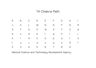 TH Chakra Peth
A       B      C      D      E     F      G      H   I
J       K      L      M      N     O      P      Q   R
S       T      U      V      W     X      Y      Z   a
b       c      d      e      f     g      h      I   j
k       l      m      n      o     p      q      r   s
t       u      v      w      x     y      z      0   1
2       3      4      5      6     7      8      9
National Science and Technology Development Agency
 