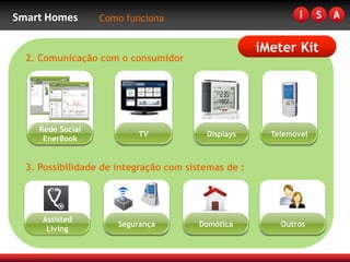 Smart Homes        Como funciona


                                                     iMeter Kit
  2. Comunicação com o consumidor




     Rede Social
                           TV            Displays      Telemóvel
      EnerBook


  3. Possibilidade de integração com sistemas de :




     Assisted
                      Segurança         Domótica         Outros
      Living
 