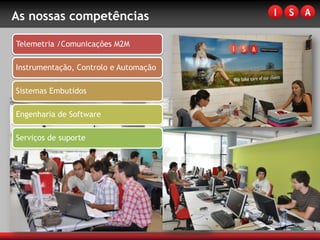 As nossas competências

Telemetria /Comunicações M2M

Instrumentação, Controlo e Automação

Sistemas Embutidos

Engenharia de Software

Serviços de suporte
 