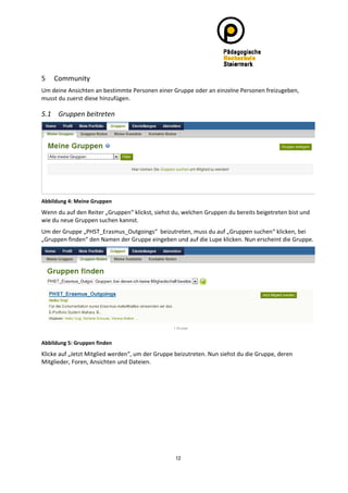 5   Community 
Um deine Ansichten an bestimmte Personen einer Gruppe oder an einzelne Personen freizugeben, 
musst du zuerst diese hinzufügen. 

5.1 Gruppen beitreten 




                                                                                                         
Abbildung 4: Meine Gruppen 
Wenn du auf den Reiter „Gruppen“ klickst, siehst du, welchen Gruppen du bereits beigetreten bist und 
wie du neue Gruppen suchen kannst. 
Um der Gruppe „PHST_Erasmus_Outgoings“  beizutreten, muss du auf „Gruppen suchen“ klicken, bei 
„Gruppen finden“ den Namen der Gruppe eingeben und auf die Lupe klicken. Nun erscheint die Gruppe.  




                                                                                                         
Abbildung 5: Gruppen finden 
Klicke auf „Jetzt Mitglied werden“, um der Gruppe beizutreten. Nun siehst du die Gruppe, deren 
Mitglieder, Foren, Ansichten und Dateien. 
 




                                                  12
 