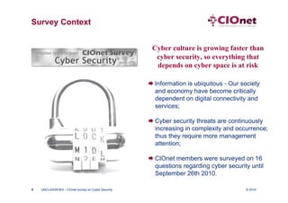 Survey Context


                                                      Cyber culture is growing faster than
                                                       cyber security, so everything that
                                                       depends on cyber space is at risk

                                                      Information is ubiquitous - Our society
                                                       and economy have become critically
                                                       dependent on digital connectivity and
                                                       services;

                                                      Cyber security threats are continuously
                                                       increasing in complexity and occurrence;
                                                       thus they require more management
                                                       attention;

                                                      CIOnet members were surveyed on 16
                                                       questions regarding cyber security until
                                                       September 26th 2010.

5   UNCLASSIFIED - CIOnet survey on Cyber Security                                      © 2010
 