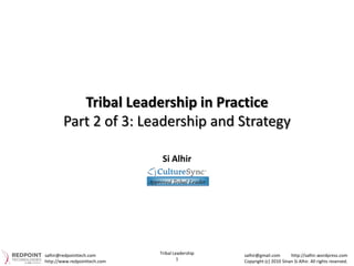 Tribal Leadership in Practice
        Part 2 of 3: Leadership and Strategy

                               Si Alhir




salhir@redpointtech.com       Tribal Leadership   salhir@gmail.com       http://salhir.wordpress.com
http://www.redpointtech.com            1          Copyright (c) 2010 Sinan Si Alhir. All rights reserved.
 