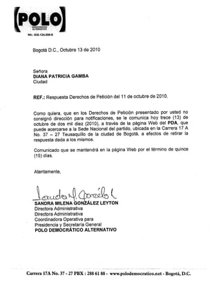 Respuesta a Derecho de Petición Diana Patricia Gamboa