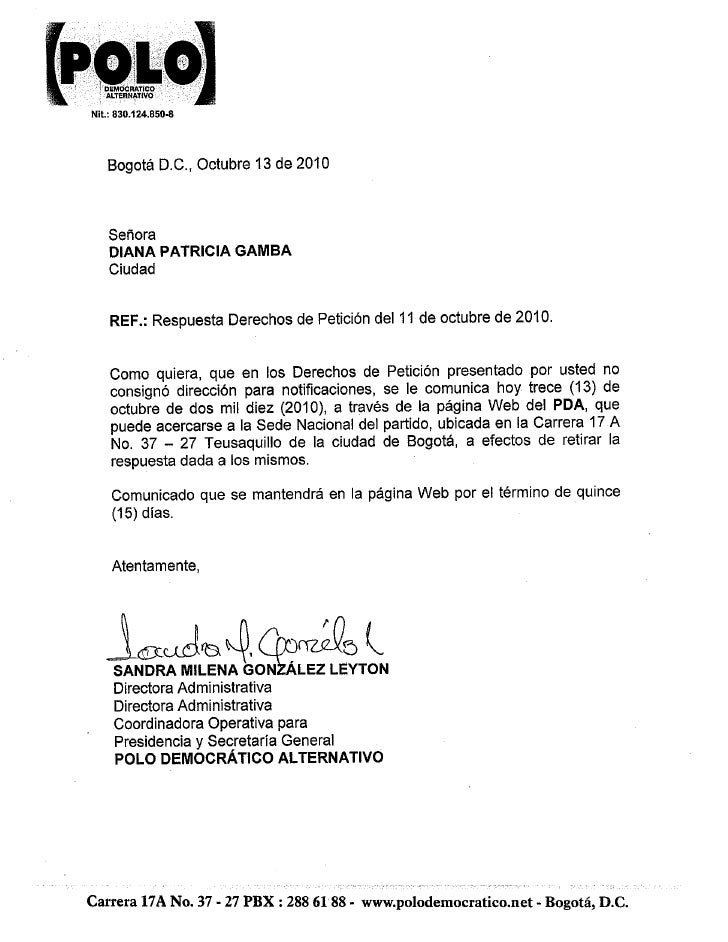 Respuesta a Derecho de Petición Diana Patricia Gamboa