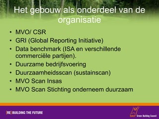 Het gebouw als onderdeel van de organisatie MVO/ CSR GRI (Global Reporting Initiative) Data benchmark (ISA en verschillende commerciële partijen).  Duurzame bedrijfsvoering Duurzaamheidsscan (sustainscan) MVO Scan Insas MVO Scan Stichting onderneem duurzaam 