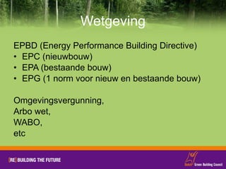 Wetgeving EPBD (Energy Performance Building Directive) EPC (nieuwbouw) EPA (bestaande bouw) EPG (1 norm voor nieuw en bestaande bouw) Omgevingsvergunning,  Arbo wet,  WABO, etc 