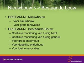 Nieuwbouw < > Bestaande bouw BREEAM-NL Nieuwbouw  Voor nieuwbouw Voor grote renovaties BREEAM-NL Bestaande Bouw:  Continue monitoring van huidig bezit  Continue monitoring van huidig gebruik Voor groot onderhoud Voor dagelijks onderhoud Voor kleine renovaties 