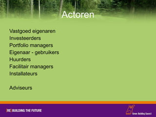 Actoren Vastgoed eigenaren Investeerders Portfolio managers Eigenaar - gebruikers Huurders Facilitair managers Installateurs Adviseurs 