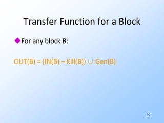 34Data-Flow Equations --- (2)Variables:IN(B) = set of definitions reaching the beginning of block B.OUT(B) = set of definitions reaching the end of B.