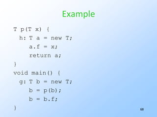 62New Topic: Pointer AnalysisWe shall consider Andersen’s formulation of Java object references.Flow/context insensitive analysis.Cast of characters:Local variables, which point to:Heap objects, which may have fields that are references to other heap objects.