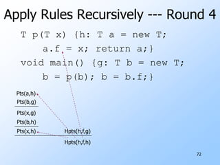 66Other Statements --- (3)v = w makes v point to whatever w points to.Interprocedural Analysis : Also models copying an actual parameter to the corresponding formal or return value to a variable.vwh