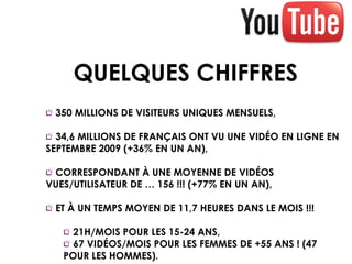 350 MILLIONS DE VISITEURS UNIQUES MENSUELS, 34,6 MILLIONS DE FRANÇAIS ONT VU UNE VIDÉO EN LIGNE EN SEPTEMBRE 2009 (+36% EN UN AN), CORRESPONDANT À UNE MOYENNE DE VIDÉOS VUES/UTILISATEUR DE … 156 !!! (+77% EN UN AN), ET À UN TEMPS MOYEN DE 11,7 HEURES DANS LE MOIS !!! 21H/MOIS POUR LES 15-24 ANS, 67 VIDÉOS/MOIS POUR LES FEMMES DE +55 ANS ! (47 POUR LES HOMMES). QUELQUES CHIFFRES 