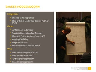 2BEING SMART AT ENTERPRISE AGILE
©2010 Capgemini. All Rights Reserved
Capgemini
 Principal technology officer
 Chief architect Accelerated Delivery Platform
(ADP)
Other
 Author books and articles
 Speaker at international conferences
 Microsoft Partner Advisory Council .NET
 Capping IT Off Blog
 Magazine columns
 Editorial boards & Advisory boards
Web
 www.sanderhoogendoorn.com
 www.smartusecase.com
 Twitter: @aahoogendoorn
 LinkedIn: aahoogendoorn
SANDER HOOGENDOORN
 