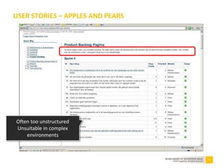 23BEING SMART AT ENTERPRISE AGILE
©2010 Capgemini. All Rights Reserved
USER STORIES – APPLES AND PEARS
Often too unstructured
Unsuitable in complex
environments
 