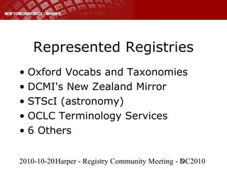 2010-10-20Harper - Registry Community Meeting - DC20106
Represented Registries
• Oxford Vocabs and Taxonomies
• DCMI's New Zealand Mirror
• STScI (astronomy)
• OCLC Terminology Services
• 6 Others
 