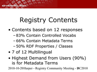 2010-10-20Harper - Registry Community Meeting - DC20109
Registry Contents
• Contents based on 12 responses
– 83% Contain Controlled Vocabs
– 66% Contain Metadata Terms
– 50% RDF Properties / Classes
• 7 of 12 Multilingual
• Highest Demand from Users (90%)
is for Metadata Terms
 