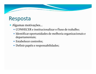 Resposta
Algumas motivações...
CONHECER e institucionalizar o fluxo de trabalho;
Identificar oportunidades de melhoria organizacionais e
departamentais;departamentais;
Estabelecer controles;
Definir papéis e responsabilidades;
 