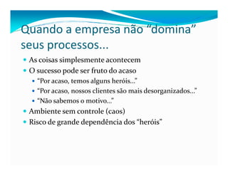 Quando a empresa não “domina”
seus processos...
As coisas simplesmente acontecem
O sucesso pode ser fruto do acaso
“Por acaso, temos alguns heróis...”
“Por acaso, nossos clientes são mais desorganizados...”“Por acaso, nossos clientes são mais desorganizados...”
“Não sabemos o motivo...”
Ambiente sem controle (caos)
Risco de grande dependência dos “heróis”
 
