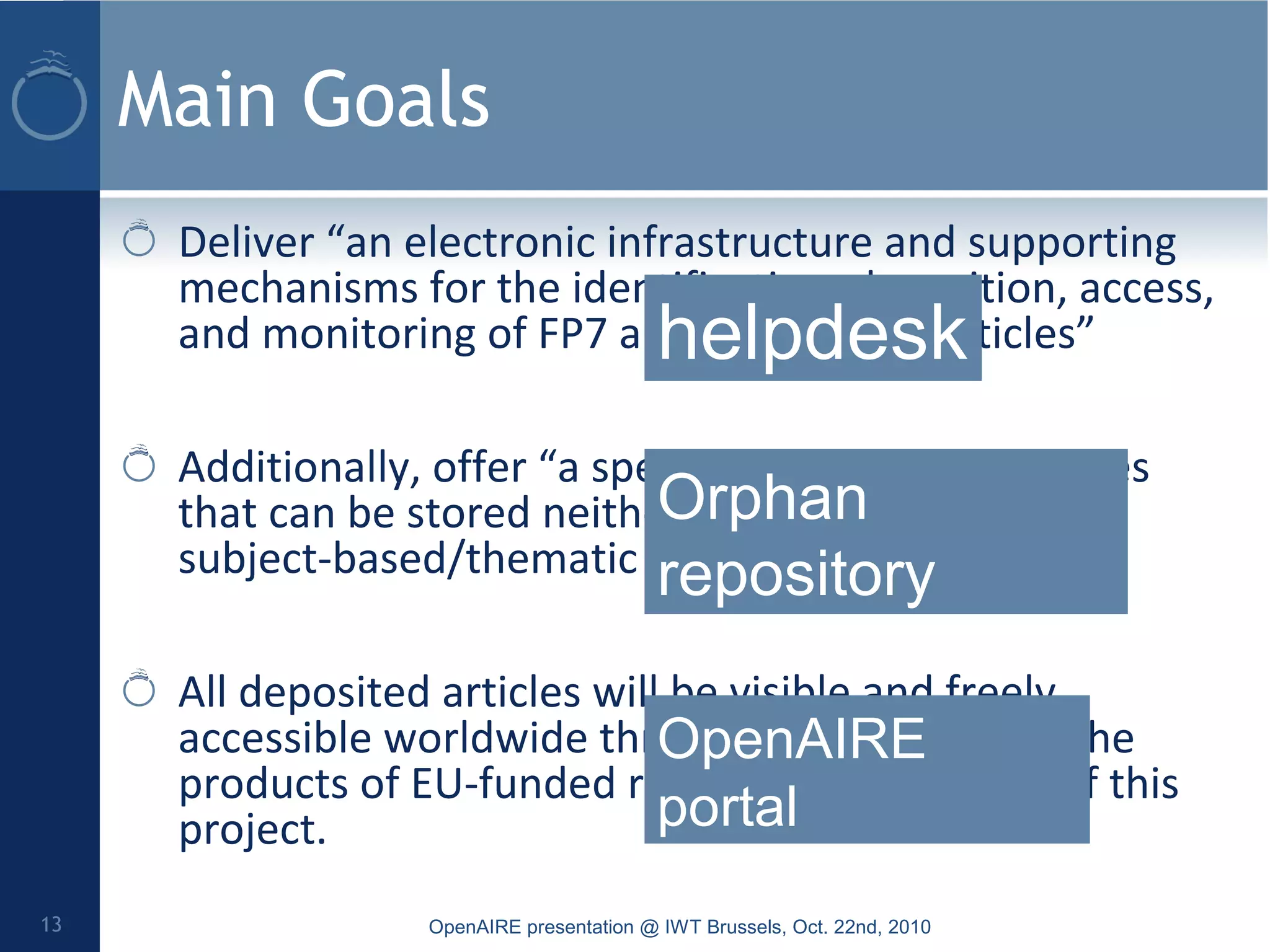 Main Goals
Deliver “an electronic infrastructure and supporting
mechanisms for the identification, deposition, access,
and monitoring of FP7 and ERC funded articles”
Additionally, offer “a special repository for articles
that can be stored neither in institutional nor in
subject-based/thematic repositories”.
All deposited articles will be visible and freely
accessible worldwide through a new portal to the
products of EU-funded research, built as part of this
project.
OpenAIRE presentation @ IWT Brussels, Oct. 22nd, 201013
helpdesk
Orphan
repository
OpenAIRE
portal
 