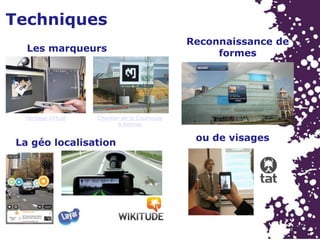 Techniques
Les marqueurs
Héritage Virtuel Chantier de la Courrouze
à Rennes
La géo localisation
Reconnaissance de
formes
ou de visages
 