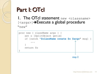 Part I: OTclPart I: OTcl
1. The OTcl statement new <classname>
[<args>]Execute a global procedure
“new”
http://www.ns2ultimate.com 14
proc new { className args } {
set o [SplitObject getid]
if [catch "$className create $o $args" msg] {
...
}
return $o
}
step 2
 