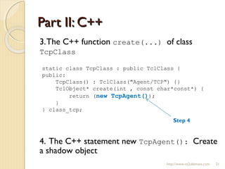 Part II: C++Part II: C++
http://www.ns2ultimate.com 21
3.The C++ function create(...) of class
TcpClass
4. The C++ statement new TcpAgent(): Create
a shadow object
static class TcpClass : public TclClass {
public:
TcpClass() : TclClass("Agent/TCP") {}
TclObject* create(int , const char*const*) {
return (new TcpAgent());
}
} class_tcp;
Step 4
 