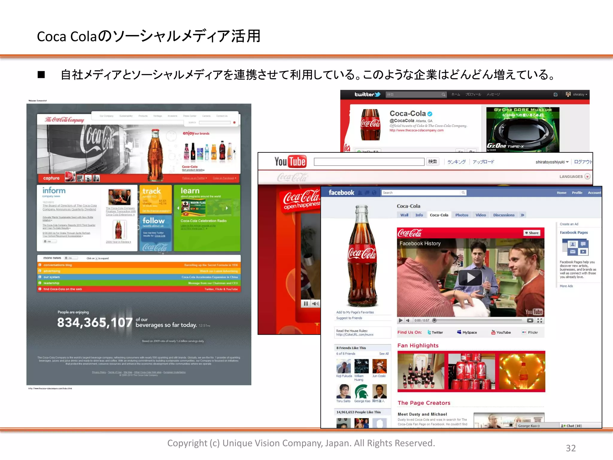 Coca Colaのソーシャルメディア活用

   自社メディアとソーシャルメディアを連携させて利用している。このような企業はどんどん増えている。




              Copyright (c) Unique Vision Company, Japan. All Rights Reserved.   32
 