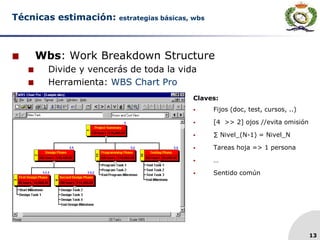 13
Técnicas estimación: estrategias básicas, wbs
 Wbs: Work Breakdown Structure
 Divide y vencerás de toda la vida
 Herramienta: WBS Chart Pro
Claves:
 Fijos (doc, test, cursos, ..)
 [4 >> 2] ojos //evita omisión
 ∑ Nivel_(N-1) = Nivel_N
 Tareas hoja => 1 persona
 …
 Sentido común
 