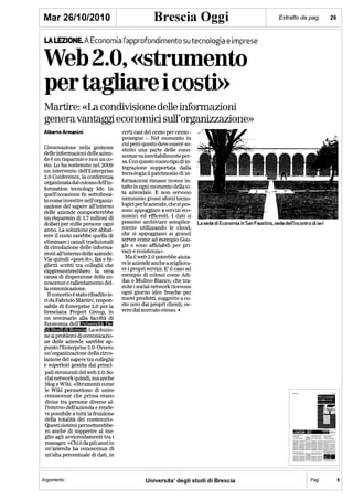 Bresciaoggi - 26 Ottobre 2010 - Web 2.0 "Strumento per tagliare i costi"