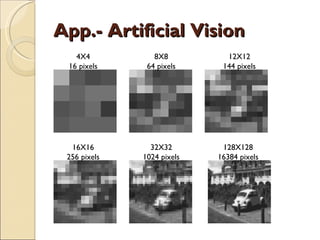 App.- Artificial Vision 4X4 16 pixels 8X8 64 pixels 12X12 144 pixels 16X16 256 pixels 32X32 1024 pixels 128X128 16384 pixels 