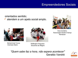 orientados sentido;
 atendem a um apelo social amplo.
Empreendedores Sociais
"Quem sabe faz a hora, não espera acontecer"
Geraldo Vandré
Vera Cordeiro
Associação Saúde Criança
Renascer
Wellington Nogueira
Doutores da Alegria
Muhammad Yunus
Grameen Bank
 