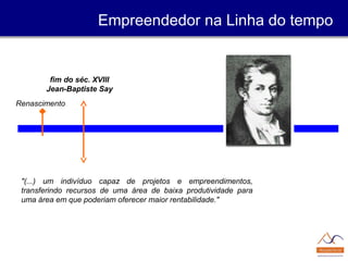 Renascimento
fim do séc. XVIII
Jean-Baptiste Say
"(...) um indivíduo capaz de projetos e empreendimentos,
transferindo recursos de uma área de baixa produtividade para
uma área em que poderiam oferecer maior rentabilidade."
Empreendedor na Linha do tempo
 
